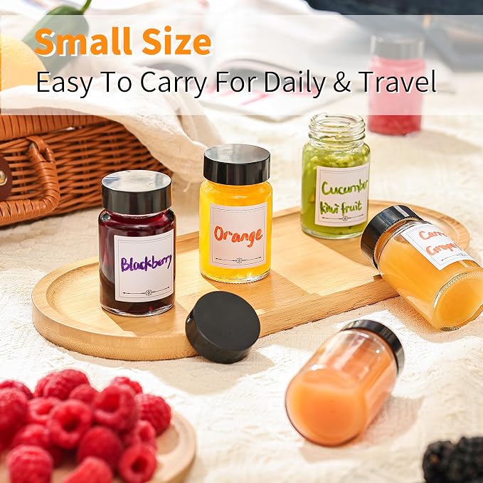 Glxgow 16 Pack 2 oz Glass Shot Bottles with Black Lids & Labels, Wide Mouth 60 ml Small Glass Bottles for Ginger, Leakproof Travel Mini Clear Jars for Wellness Shot, Juice - Dishwasher Safe