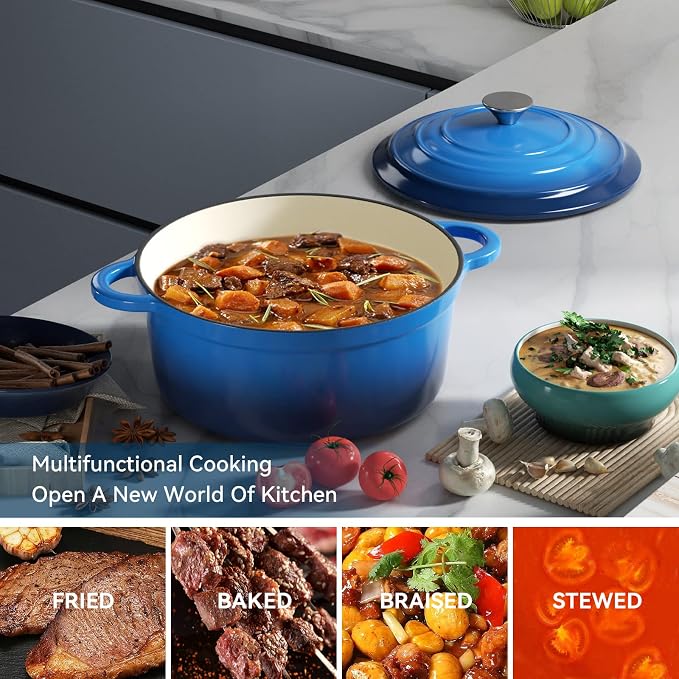 Miereirl 4.5 Quart Enameled Dutch Oven Pot with Lid, Cast Iron Dutch Oven with Dual Handles for Bread Baking, Cooking, Non-stick Enamel Coated Cookware (Dark Blue)