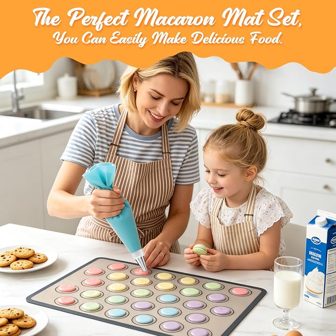 Macaron Silicone Baking Gray Mats, 17 Pcs Macaron Baking Kits | 2 Nonstick Macaroon Mat Silicone, 7 Piping Tips, 2 Piping Bags, 2 Bag Ties, 2 Couplers, 1 Puff Tip, 1 Brushes