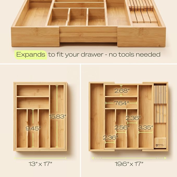 Drawer Organizer for Kitchen Organization – Expandable Bamboo Silverware Drawer Organizer with Removable Knife Block, Bamboo Cutlery, Non-Slip Utensil Organizer with 7-Slot Knife Storage for Flatware
