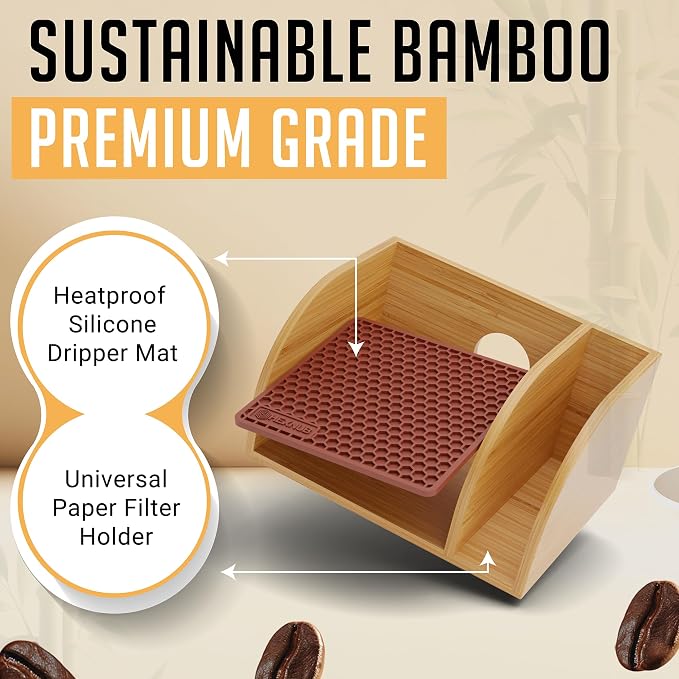 Pour Over Caddy for Chemex Bodum Cosori Coffee Makers Brown | Handmade Bamboo Stand, Filter Holder, Heatproof Mat for a Cleaner Coffee Station