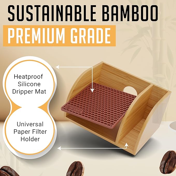Pour Over Caddy with Lid for Chemex Bodum Cosori Coffee Makers Brown | Handmade Bamboo Stand, Lid, Filter Holder, Heatproof Mat for a Cleaner Coffee Station