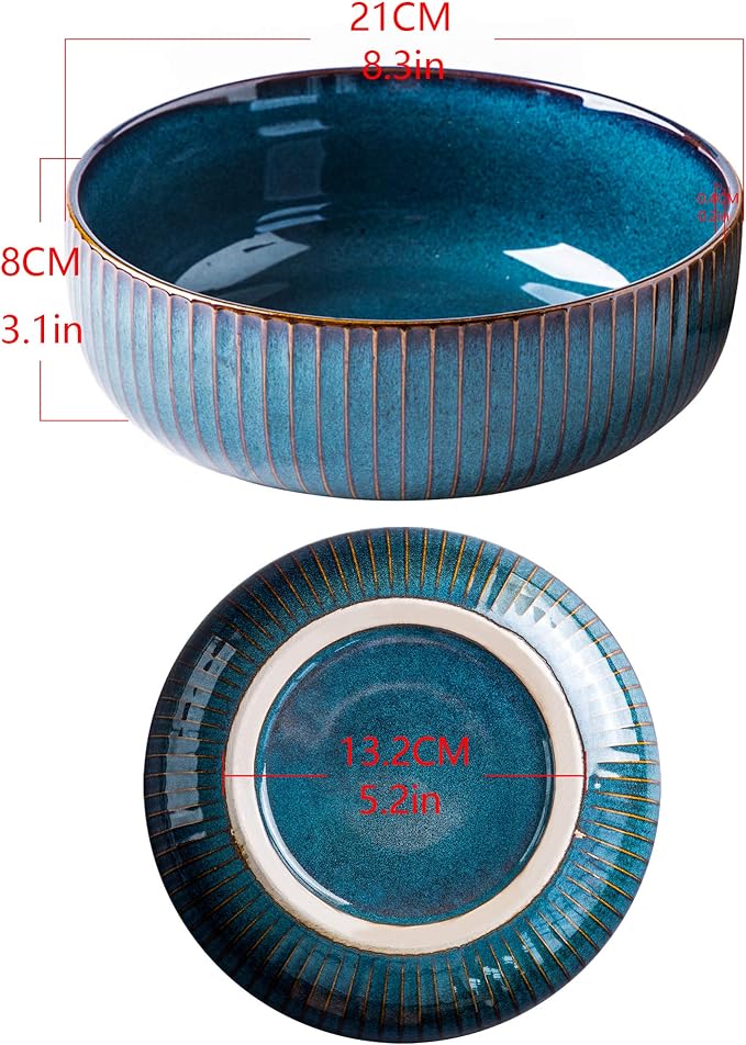 CSYY Salad Bowl 66 Oz, 8" Large Soup Bowls, Porcelain Round Serving Bowl Blue Decorative Bowl for Salad, Chip, Cereal, Fruits and Pasta (1pc)