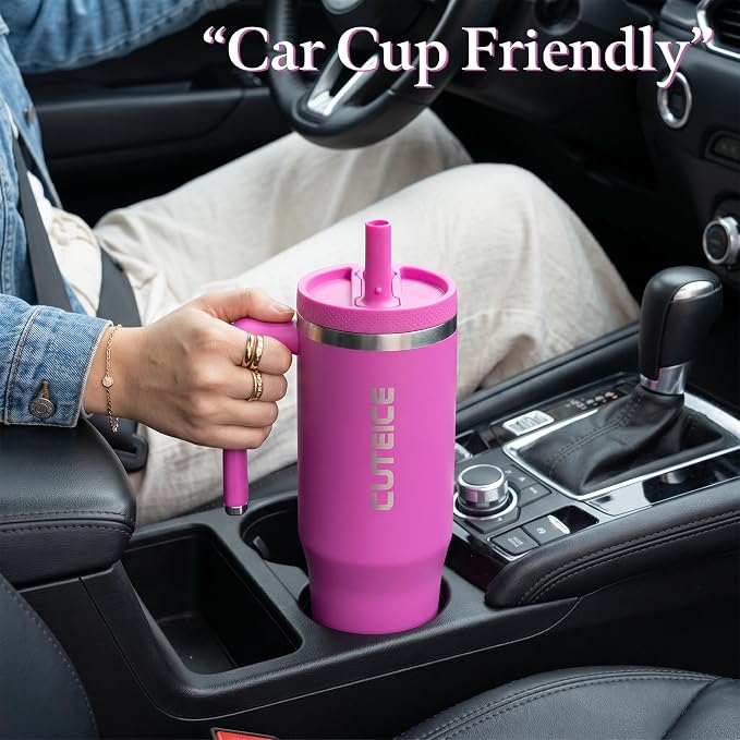 30 oz Water Bottle with Handle and Flip Straw, Coffee Travel Mug with Lids, Fits in Cup Holder Leak Resistant Tumbler Insulated Stainless Steel Gifts for Women Rose Purple Dark Blossom