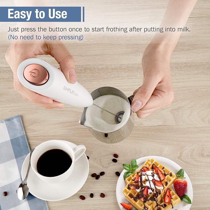 SIMPLETASTE Milk Frother Handheld Electric Foam Maker Battery Operated | Drink Mixer with Stainless Steel Whisk for Cappuccino, Bulletproof Coffee, Latte, White, with Stand