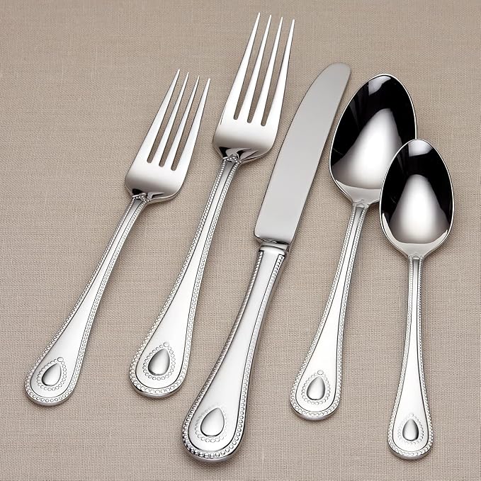 Lenox French Perle 65-Piece 18/10 Silverware Set for 12, Flatware | mirror finish, dishwasher safe | includes serving spoons and utensil set | heavy duty, cutlery set for kitchen and dining