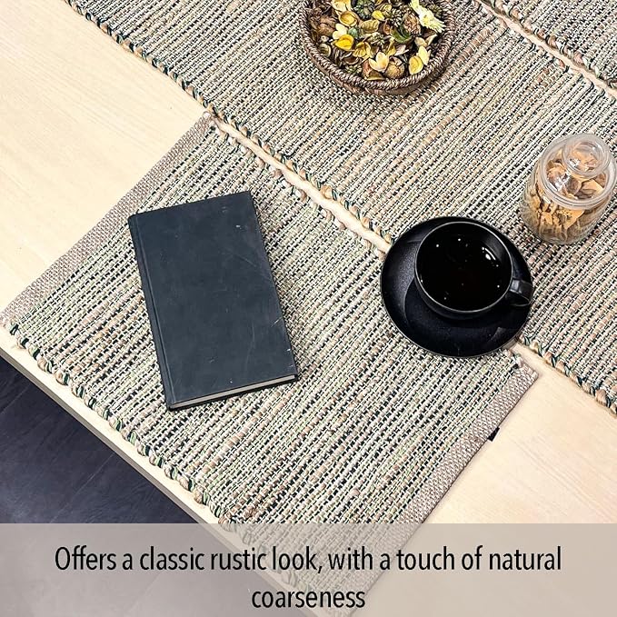 Natural Jute & Green Placemats, Set of 4 – Rustic Handmade Boho Table Mats, 13x19 Inch Dining Table Placemats for Kitchen, Everyday Meals, Holidays, Farmhouse or Modern Table Décor