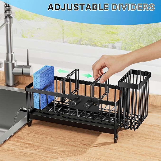 Cisily Sponge Holder for Kitchen Sink, Sink Caddy Organizer with High Brush Holder, Kitchen Countertop Organizers and Storage Essentials, Rustproof 304 Stainless Steel (Black with Smiley Face, 9.25″)