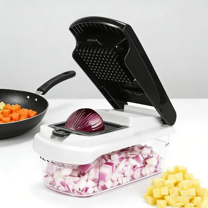 Stainless Steel Mandoline Slicer, Safe Veggie Dicer Kitchen Prep Tool | Multi stainless steel blades with safety guard, detachable structure for quick fruit and vegetable cleaning