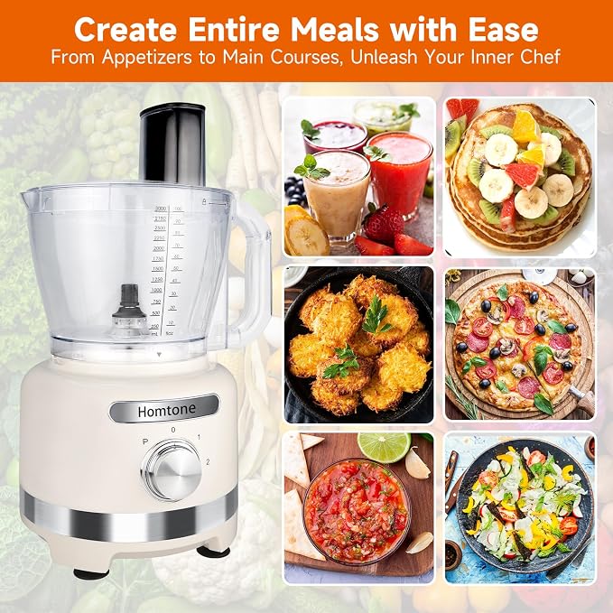 Homtone 16-Cup Food Processor, Large 9-IN-1 Food Veggie Chopper for Home Meal Prep, 7 Blades for Shredding, Slicing, Chopping, Kneading, Emulsifying, Dishwasher Safe, 600W (White, 16 cup)