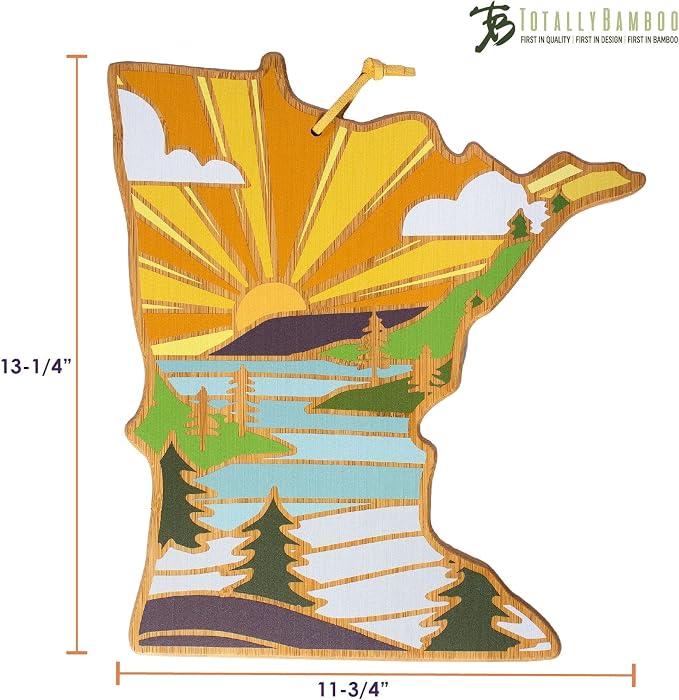 Totally Bamboo Minnesota State Shaped Cutting Board, Summer Stokes Art | State charcuterie board with colorful hand-drawn landscape art. Smooth reverse side for food prep. Hang tie for wall display.