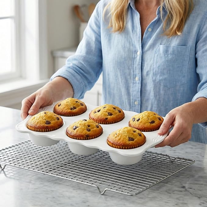 Hiceeden 2 Pack Ceramic Muffin Pans, 6 Cups Non-stick Muffin Tin Cupcake Baking Pans with Handles for Muffin Cakes, Egg Tarts, Mousse, Pot Pie, Jelly