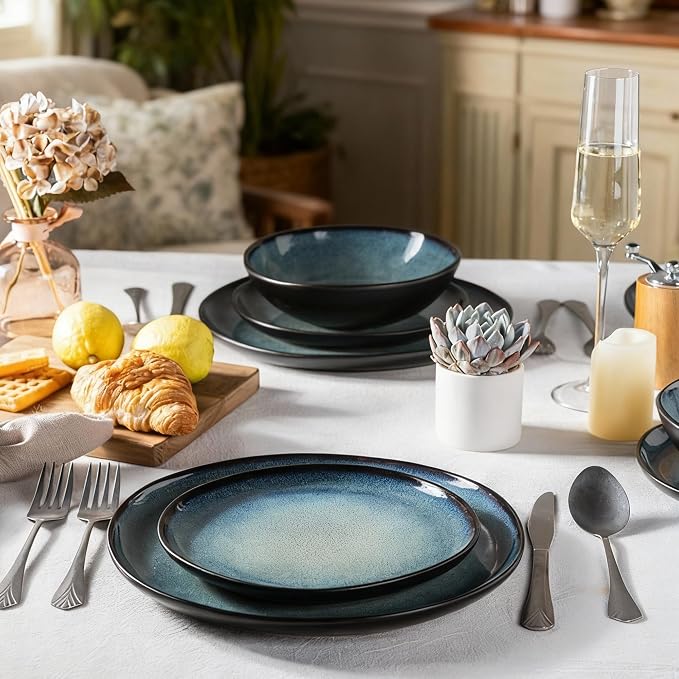 AmorArc Ceramic Dinnerware Sets for 6, 18Pcs Plates and Bowls Sets Dishes | Stoneware Handmade Reactive Glaze Dinner Set, Highly Scratch Resistant | Dishwasher & Microwave Safe Dishware