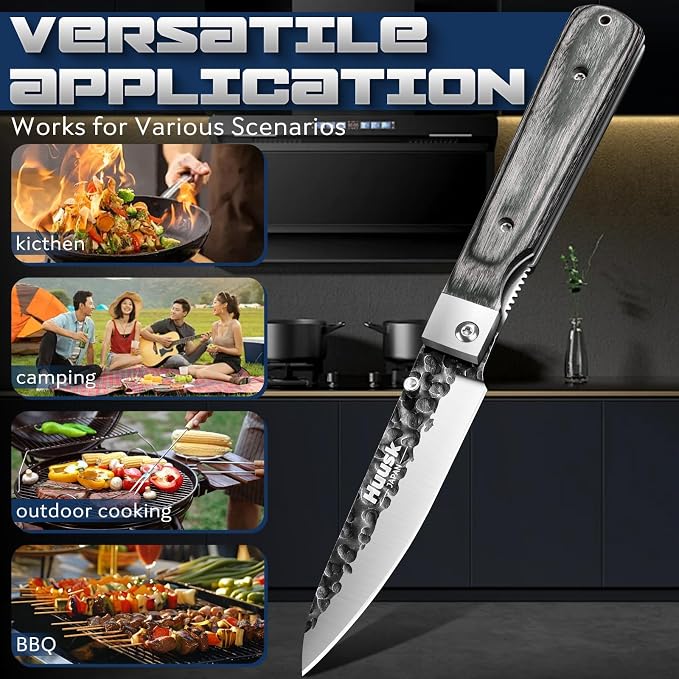 Huusk Japanese Folding Fruit Knife - Pocket Paring Knife | Portable Kitchen Knives, Hand Forged Blade, Wooden Handle, Gift Box, For BBQ, for Camping and Travel