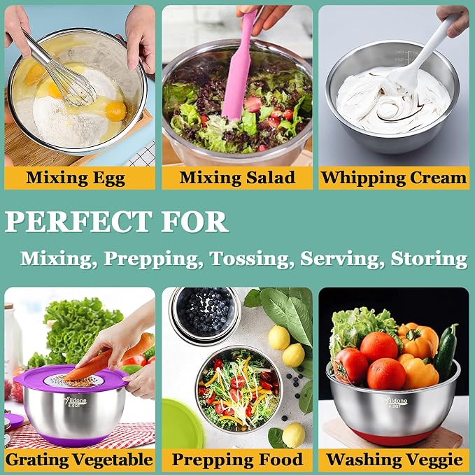 Wildone Mixing Bowls with Airtight Lids, Stainless Steel Mixing Bowls Set | Metal Bowls with 3 Grater Attachments & Non-Slip Bottom, Size 5, 4, 3, 2,1.5, 0.63QT, Includes Utensil Set for Prep, Colored