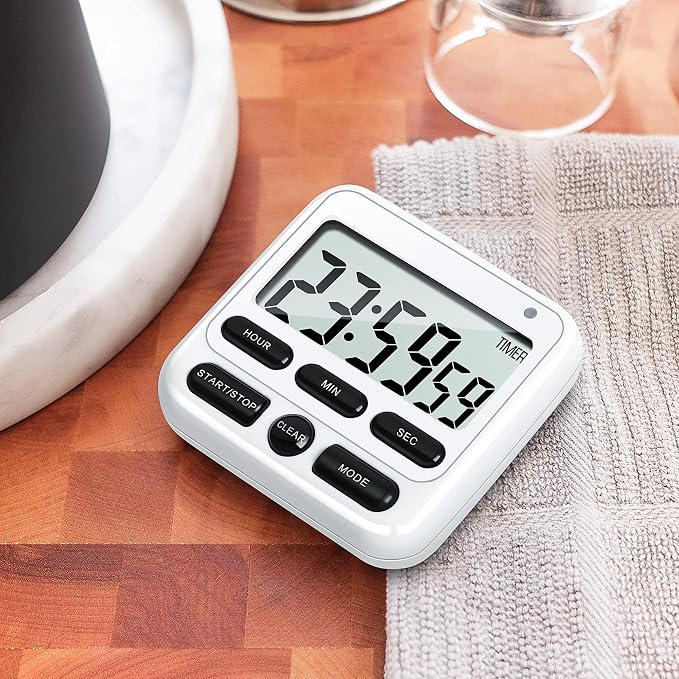 4-in-1 Digital Timer with Count Up/Down, Clock & Alarm, Ring & Silent Modes | Large 2.8-Inch easy-read LCD, On/Off switch, 24-Hour count up/down, Fast-forward function, Magnetic back, stand, hanging hole
