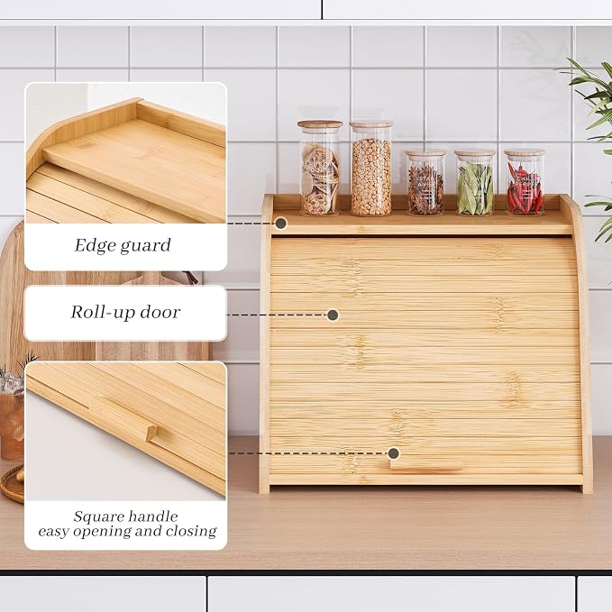 Kitsanery Bread Box for Kitchen Countertop, Bamboo Bread Storage, Double-Layer Roll-Top Bread Container, Farmhouse Bread Holder for Homemade Bread (Natural, double layer)