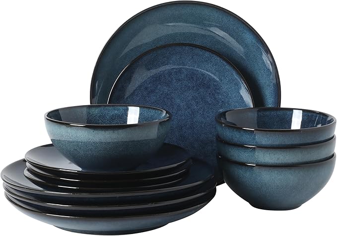 Gibson Elite Castle Peak Plates and Bowls Set, 12-Piece Dinnerware Set, Blue Reactive Glaze Stoneware Dishes, Dinner Plates, Salad Plates & Cereal Bowls