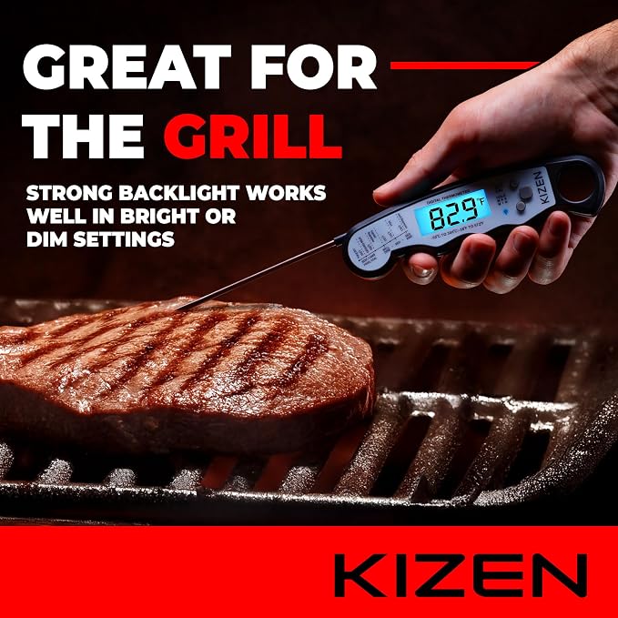 Instant Read Meat Thermometer Digital - Food Thermometer for Cooking, Grill, Oven, BBQ - IP67 Rated Waterproof - Large Backlit Display and Magnetic Back