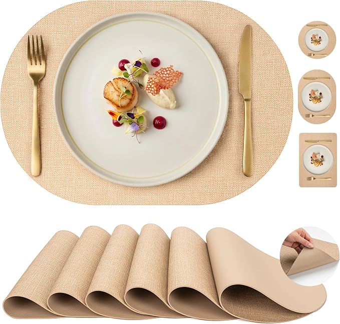 Faux Leather Placemats Set of 6, Wipeable Waterproof Stain Resistant Table Mats, Heat Resistant Thick Placemats with Hand-Painted Edges for Kitchen Dining, Imitative Linen Texture, Various Shapes