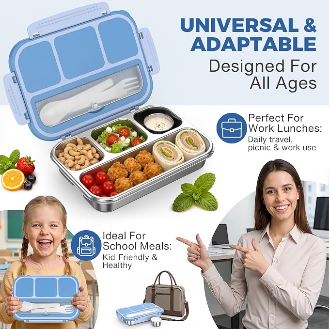Stainless Steel Bento Box Adult Kids, Leakproof Metal Lunch Box Containers 4 Compartments, 32 Oz Reusable Food Storage Containers for Office and School, Blue