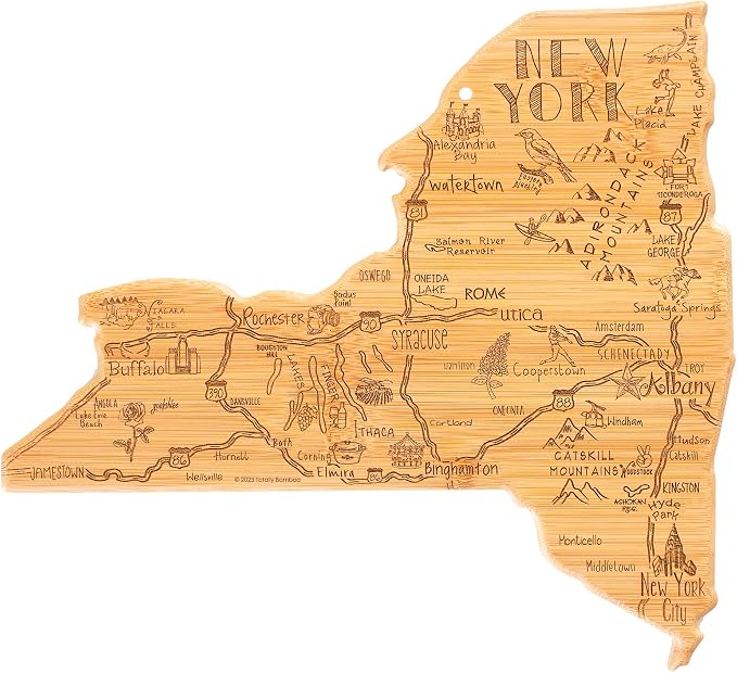Totally Bamboo Destination New York State Shaped Cutting Board | State charcuterie serving board with engraved map artwork. Smooth reverse side for food prep. Hang tie for wall display.