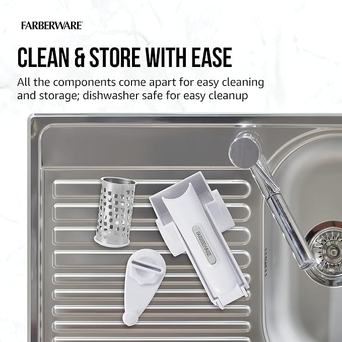 Farberware Pro Rotary Cheese Grater, Hand Crank Parmesan Grater with Stainless Steel Drum, Ergonomic Handle, Dishwasher Safe, White