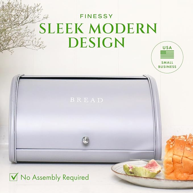 FINESSY Metal Bread Box For Kitchen Countertop, Gray Bread Box Roll Top | Bread Container Holds 1 Standard Loaf With Bagels And Muffins. No Assembly Bread Box, With Roll Top Lid 11.9 x 10.3 x 6.7 ins