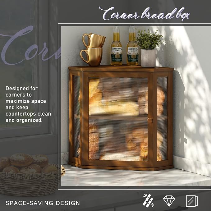 Corner Bread box for Kitchen Countertop,Farmhouse Bread Box with Acrylic Wavy Door Panel,Large Bread box for kitchen countertop,Food Storage Container (Brown, Extra Large)