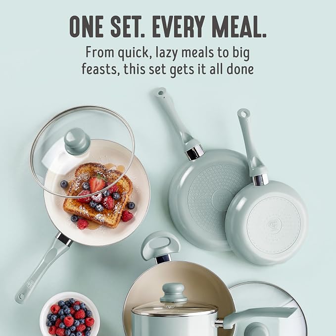 GreenLife 16pc Ceramic Nonstick Pots & Pans Cookware Set, Mint Green | PFAS-Free Nonstick Coating, Stockpot, Frying Pans, Saucepan, Sauté, Induction Ready, All Stovetop Compatible, Dishwasher Safe