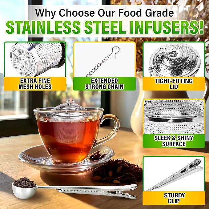 Tea Infuser Set of 3 (1 Large, 2 Small) with Scoop, Stainless Steel | Loose Leaf Tea Steeper; Extra Fine Mesh Holes, Extended Chain, Sleek & Shiny Surface; Reusable; for Herbs, Spices & Cooking
