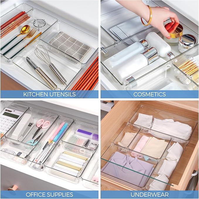 Ravinte 6 Pack Drawer Organizer, 6" x 6" Plastic Storage Bins | Acrylic Tray Design, Non-Slip Pads, For Makeup, Jewelry, Kitchen Utensils, Bathroom, Office Storage