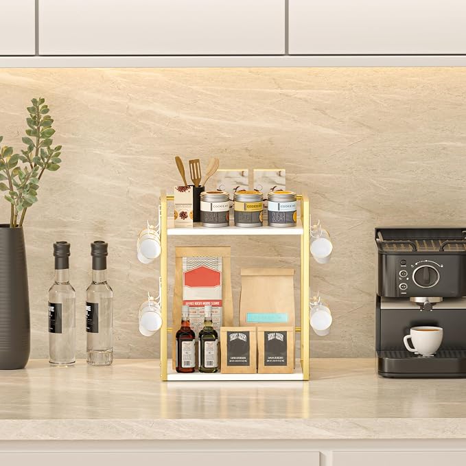 Dorhors Coffee Bar Organizer,Mug Holder,Station Organizer Kitchen Counter | 2 Tier Gold + White Wood Coffee Bar Accessories with 12 Hooks,Countertop Shelf for Mug,Syrup and Accessories