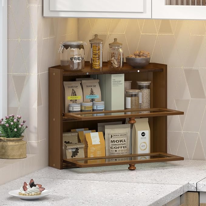 JANSNIMEN Corner Bread Box for Kitchen Countertop Bamboo Bread Holder Large | Large Capacity Bread Container Storage Wooden Farmhouse Breadbox (Brown, 16.6"L x 12.28"W x 14.17"H)