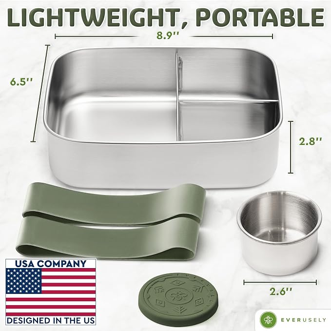 Stainless Steel Bento Box + Condiment Container - Sage, 60oz / 1.8 L | Everusely extra large metal lunch box, leakproof sauce container, 3 compartment snack organizer, freezer & dishwasher safe