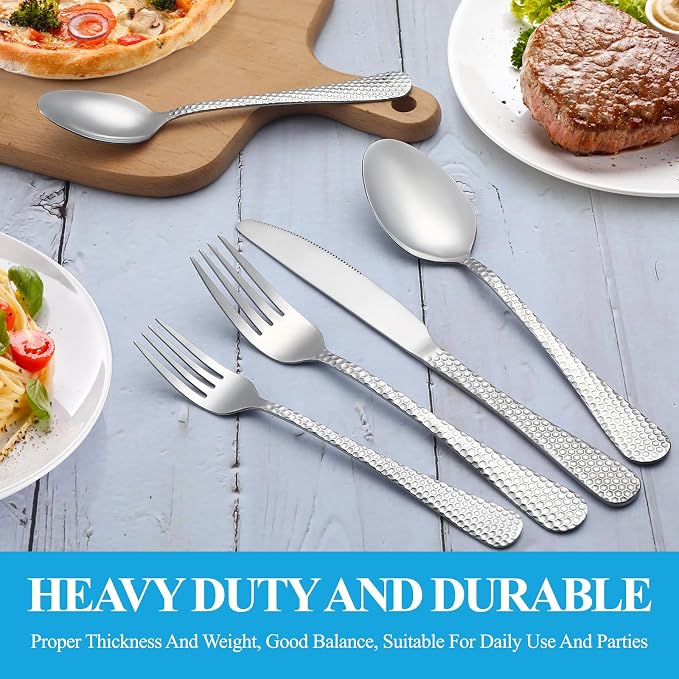 30 Pcs Hammered Silverware Set Service for 6,Stainless Steel Flatware Set,Mirror Polished Cutlery Utensil Set,Durable Home Kitchen Eating Tableware Set,Include Fork Knife Spoon Set,Dishwasher Safe