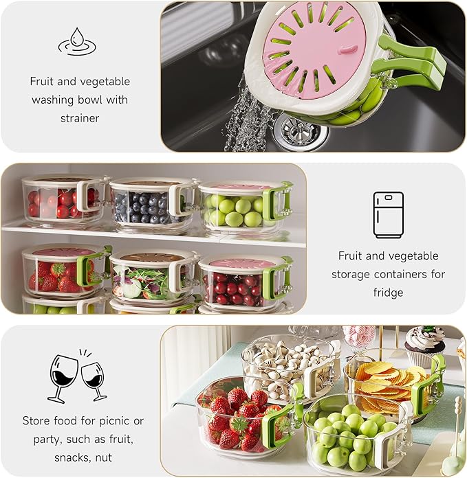 Fruit Berry Washing Bowl with Strainer, Fruit Vegetable Lettuce Keeper Storage Containers with Foldable Handle, Portable Strainers and Colander for Kitchen Fridge Picnic Outdoor (Pink)