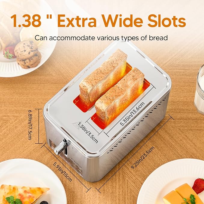 Smart Touch Screen 2 Slice Toaster, Wide Slot,Stainless Steel | 900W digital toaster with 6 shade levels, bagel, defrost, reheat, cancel, crumb tray, and cord wrap for small kitchens