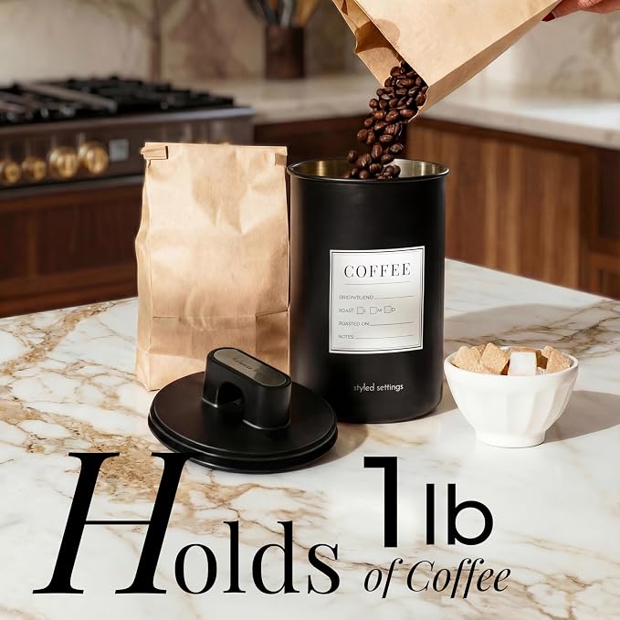 STYLED SETTINGS Coffee Storage Container, Airtight Coffee Bean Storage | Stainless Steel, BPA Free, Food Grade, Airtight, Vacuum Effect, Stackable