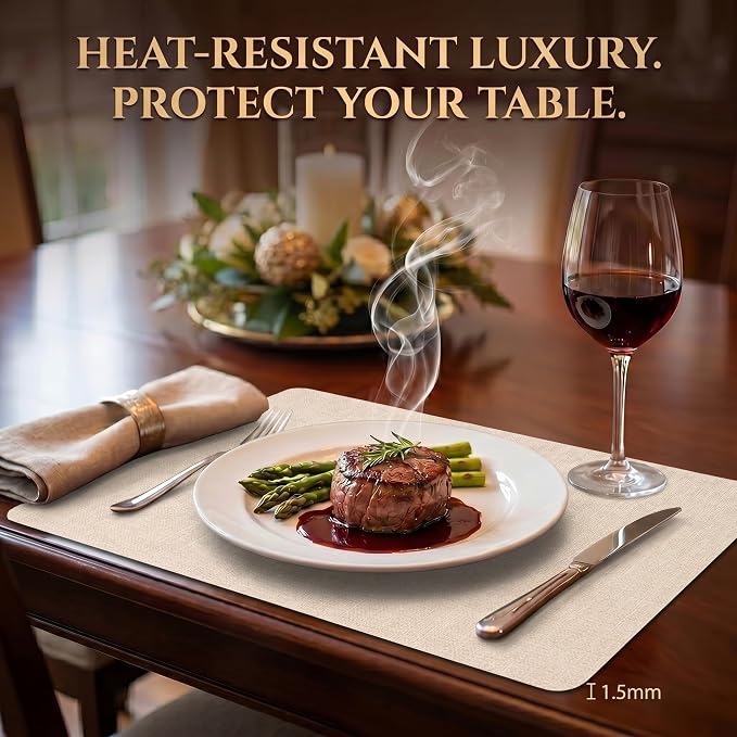 Faux Leather Placemats Set of 6, Wipeable Waterproof Stain Resistant Table Mats, Heat Resistant Thick Placemats with Hand-Painted Edges for Kitchen Dining, Imitative Linen Texture, Various Shapes
