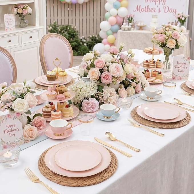 KIRE 175PCS Pink Plates Disposable - Pink and Gold Plates for Baby Shower | Plates Dinnerware Sets - 25 for Dinner 25 for Dessert 25 Pre Rolled Napkins 25Cups for Spring/Wedding/Party