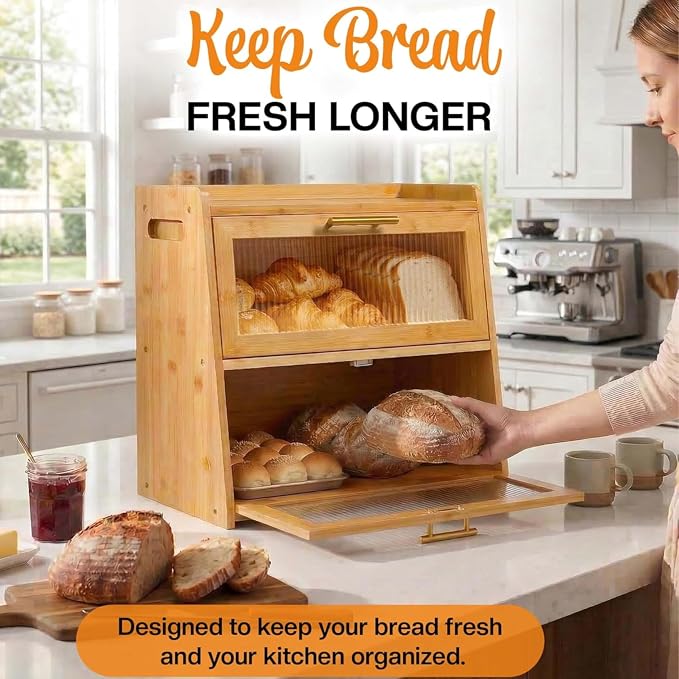Extra Large Bamboo Bread Box for Kitchen Countertop, Double Layer Wooden Breadbox Holds Multiple Loaves of Homemade Bread, 16.5 Inch Storage Container with Frosted Acrylic Windows