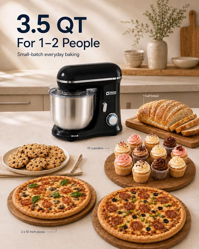 Kitchen in the Box Stand Mixer, 3.5 QT Small Kitchen Electric Dough Mixer | 10-Speed, for 1–2 People, Beginner-Friendly, with Dishwasher-Safe Dough Hook, Beater & Egg Whisk, Cake, Black