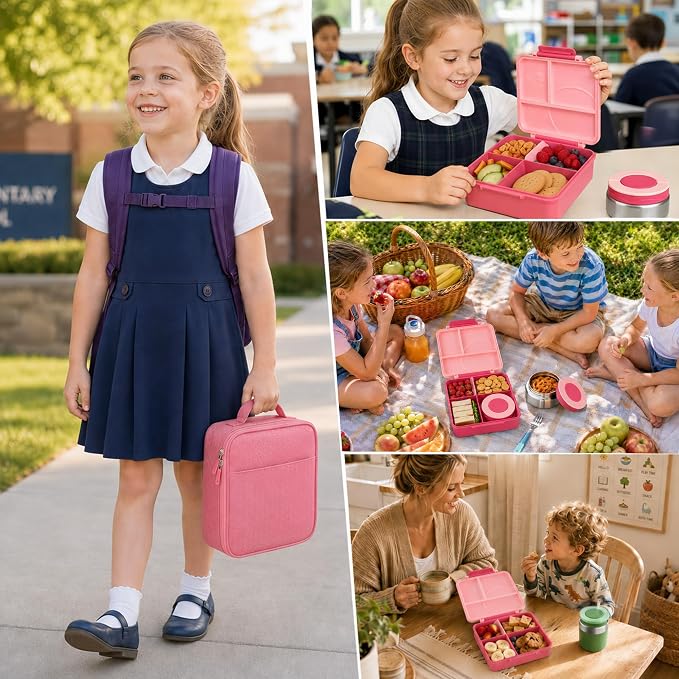 Bento Lunch Box Set for Kids with 8oz Soup Thermo, Leak-Proof Lunch Containers with 4 Compartment, Kids Thermo Hot Food Jar and Insulated Lunch Bag for Kid to School-Pink