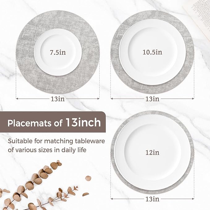 13" Round Placemats Set of 4, Reversible Faux Leather Wipeable Table Mats | 2mm Vinyl Heat Resistant, Waterproof Oilproof Scratch Proof Non-Slip, Washable for Kitchen Dining Indoor Outdoor (Light Grey)