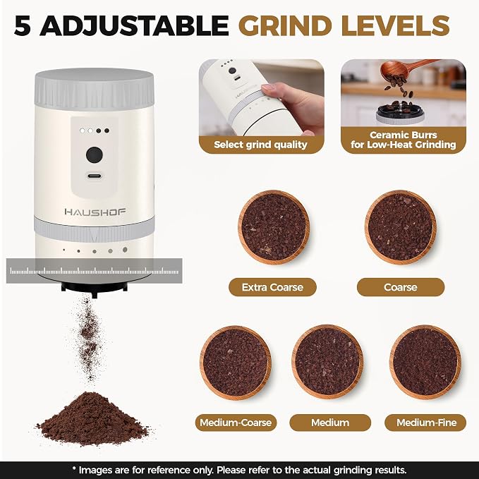 HAUSHOF Portable Coffee Maker for Travel, Rechargeable Electric Grinder | Collapsible Pour-Over Filter;5 Adjustable Grind Levels;Carry Bag for Easy Travel
