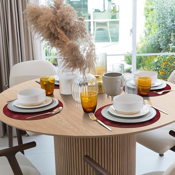 ADRIMER Placemats, Heat Resistant Round Placemats Set of 8 Washable, Waterproof Table Mats, Wipeable Faux Leather Place Mats for Kitchen, Dining Room, Wine Red