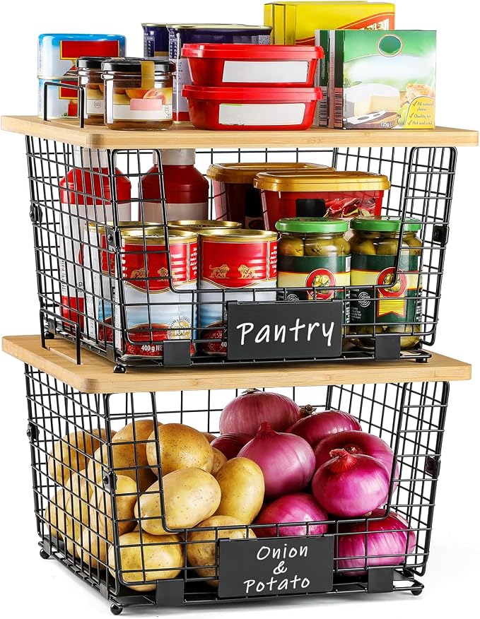2 Set XXL Stackable Wire Basket with Bamboo Tops & Tag- Pantry Organizer and Storage Bins, Kitchen Counter Cabinet Shelf Countertop Under Sink Organizing, Food Snack Produce Onion Potato Bread Storage