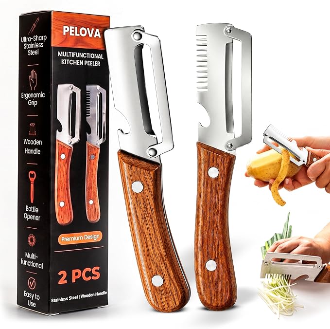 2Pcs Multifunctional Vegetable Peeler with Julienne Shredder, Bottle opener | Non-Slip Wooden Handle, 2-in-1 & 3-in-1 Sharp Stainless Steel Peeler Ideal For All Fruits, Veggie, Apple, Potato, Outdoor Use