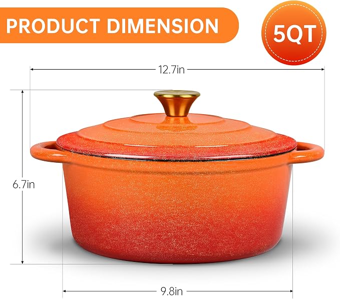 5 QT Enameled Cast Iron Dutch Oven Pot with Lid & Gold Powder | Dutch Oven for Sourdough Bread Baking, Braising, Stews, Roasting, Oven Safe up to 500° F, Orange Kitchen Cookware with Handls